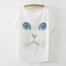 Hot Sale 2016 New Summer Style Blue-Eyed Cat Printing Women Batwing Short Sleeve T Shirt Top Tees Loose Women T-Shirt Clothes