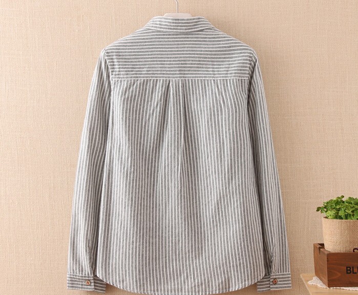 Striped pocket cat embroidery peter pan collar cute shirt spring blouse mori girl 