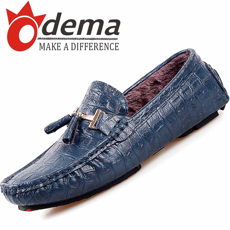 Фотография ODEMA Hot Sale 2016 Winter Warm Plush Men Loafers Fashion Faux Alligator Oxfords Shoes Men