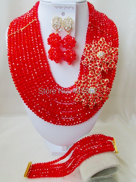 Glamorous Brooches Red Crystal Nigerian Beads Necklaces African Wedding Beads Jewelry Set CPS4866