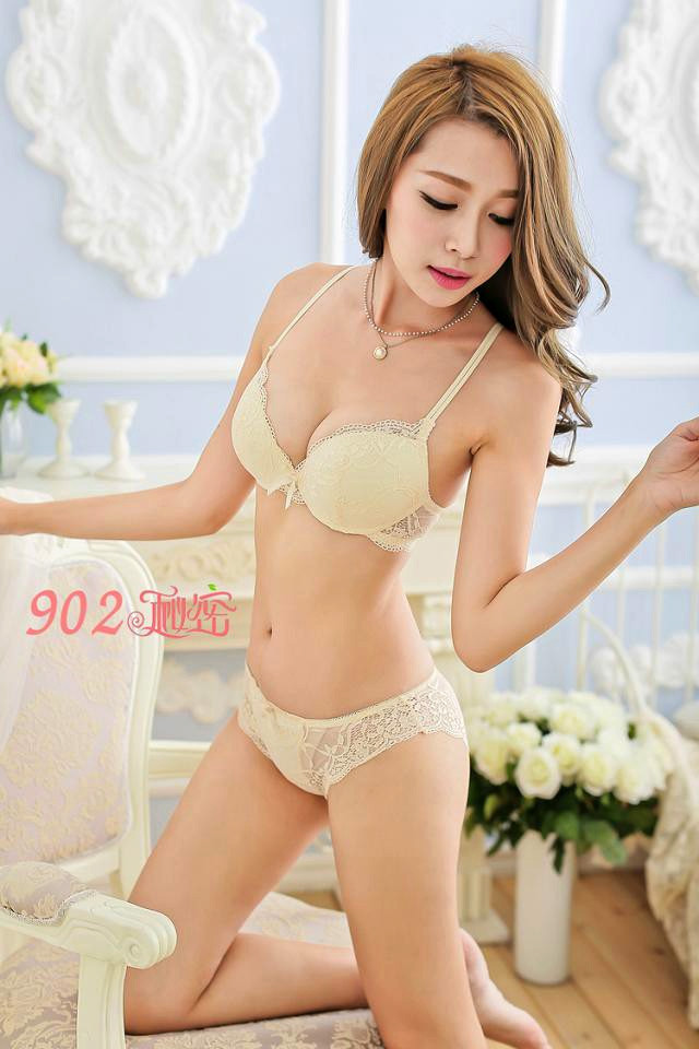 hot Pop transparent floral lace bra & brief sets thin cup leisure sexy deep-V push up women underwear bra set 31