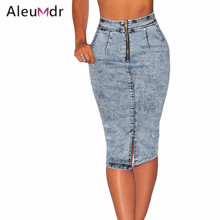 Summer Style 2016 Pencil Skirt High Waist Skirt Women’s Casual Light Blue Denim Ladies Bodycon Midi Skirt With Slit LC78653