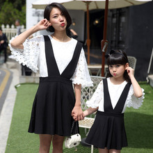 Fashion Women Lace Bat Shirt Black Skirts Family Dress for Mummy Girl Toddler Girl Dresses Family Matching Clothing HN58