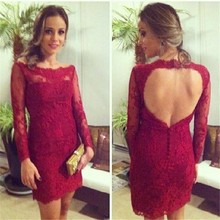 Vestidos De Coctel Sheath Short Open Back Scoop With Long Sleeves Lace Cocktail Dresses For Women Wedding Party Robe De Cocktail