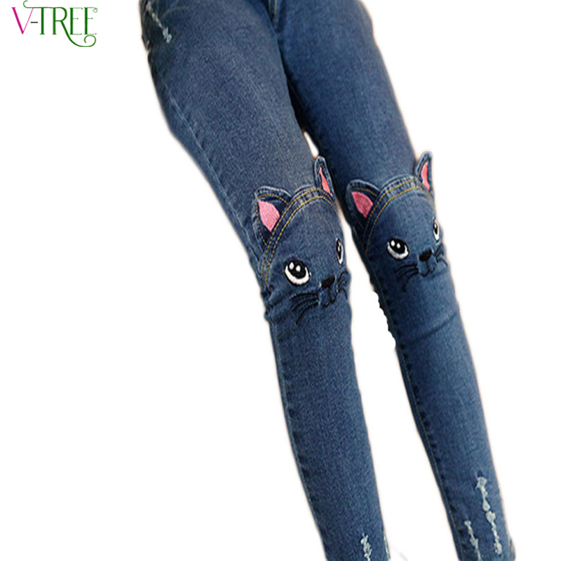Spring autumn 2016 stereo cat jeans for girls kids ripped jeans fashion jeans for teenagers girl