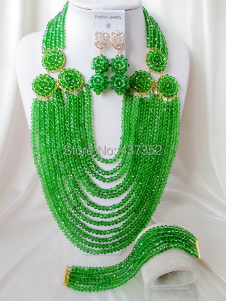 2015 New Fashion! Green crystal beads necklaces costume nigerian wedding african beads jewelry sets NC2225