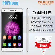 Stock Oukitel U8 4G LTE Mobile Phone 5.5 inch 2G RAM 16G ROM MTK6735 64bit Quad Core 13MP Android 5.1 Dual SIM Smartphone GPS