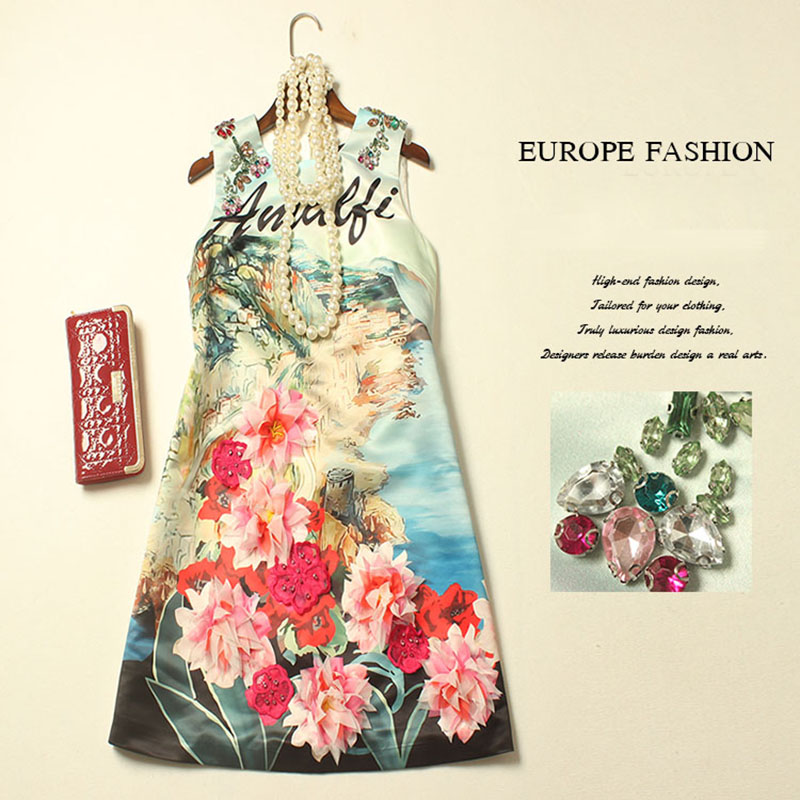 Princess Dress 2016 Summer Runway Brand Fashion Diamonds Beading Flower Print & Embroidery Slim Mini Novelty Dress Women