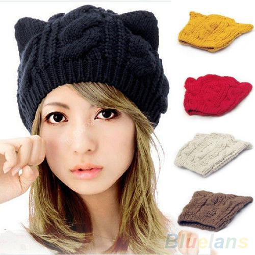 Womens Winter Knit Crochet Braided Cat Ears Beret Beanie ...