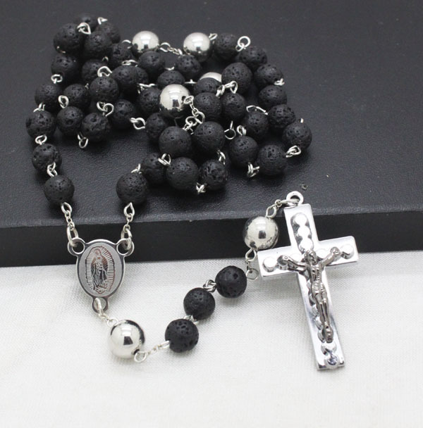 fashion vesuvianite semi pricious stone stainless steel cross rosary necklaces men necklaces jewelry top quality free