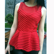Small Size Women Clothing 2016 Summer Bouse shirt Short Sleeveless Solid Striped Slim Fit Mesh Peplum Blouses Shirts Tank Top