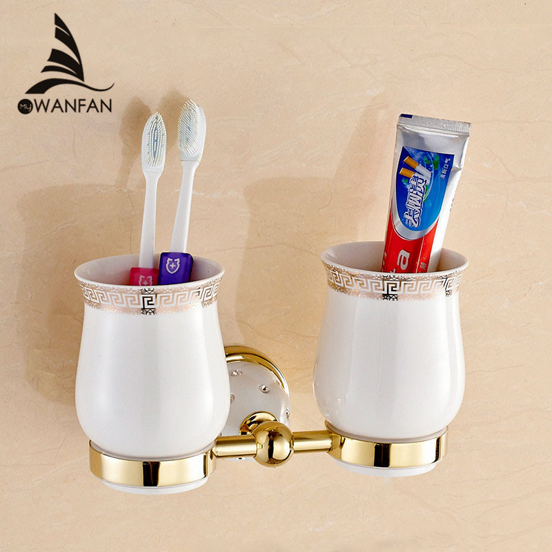 New Modern accessories luxury European style Golden copper toothbrush tumbler&cup holder wall mount bath product 5203