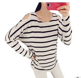 New 2015 Fashion Brand T Shirt Women Long Sleeve Sexy Striped strapless T Shirt Knitted Novelty
