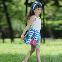 Korean Style Girl Clothing Set 2pcs Floral Lace Top Shirts With Blue And White Stripe Flower Print Skirts Children Clothing
