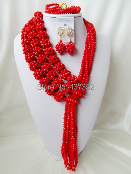 Fashion 2015 New Opaque Red Crystal Ball Costume Necklaces Nigerian Wedding African Beads Jewelry Set NC1097