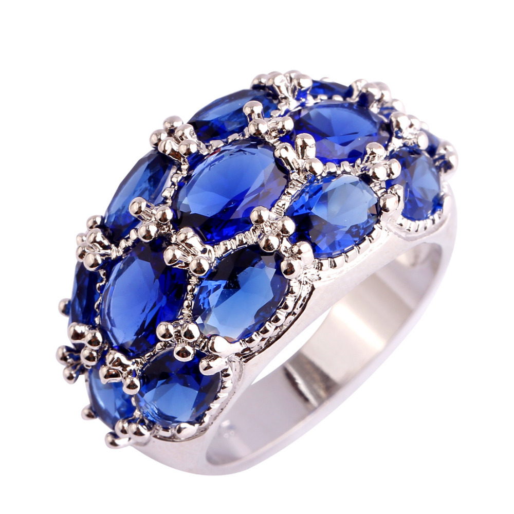 Luxuriant Bohemia Style Jewelry Oval Cut Blue Sapphire Quartz 925 Silver Ring Size 7 8 9