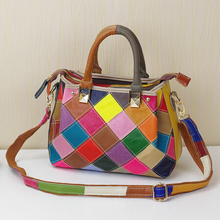 Hot Fashion Brand Colorful Genuine Leather Bags Women Diamond Lattice Patchwork Handbag Cowhide Leather Shoulder Messenger Bag
