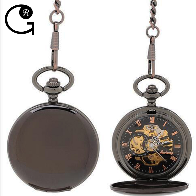 GR 2016 Antique Skeleton Smooth Alloy Case Analog Hand Wind Clock Necklace Vintage Steampunk Mechanical Pocket Watch