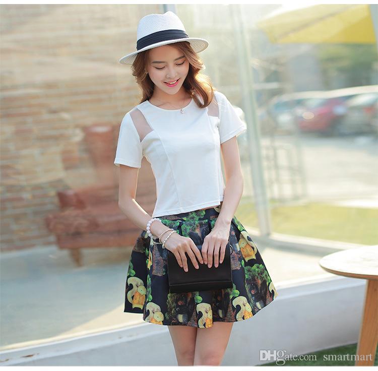 2015 Women Elegant Organza Patchwork Tees + Floral Ruffles Skirts Summer Casual Outfits Slim Tops Sets