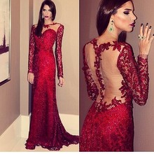 2016 New Arrival Burgundy Long Evening Dresses For Women Lace Applique On Tull Long Sleeves Evening Dress Vestido De Festa Longo