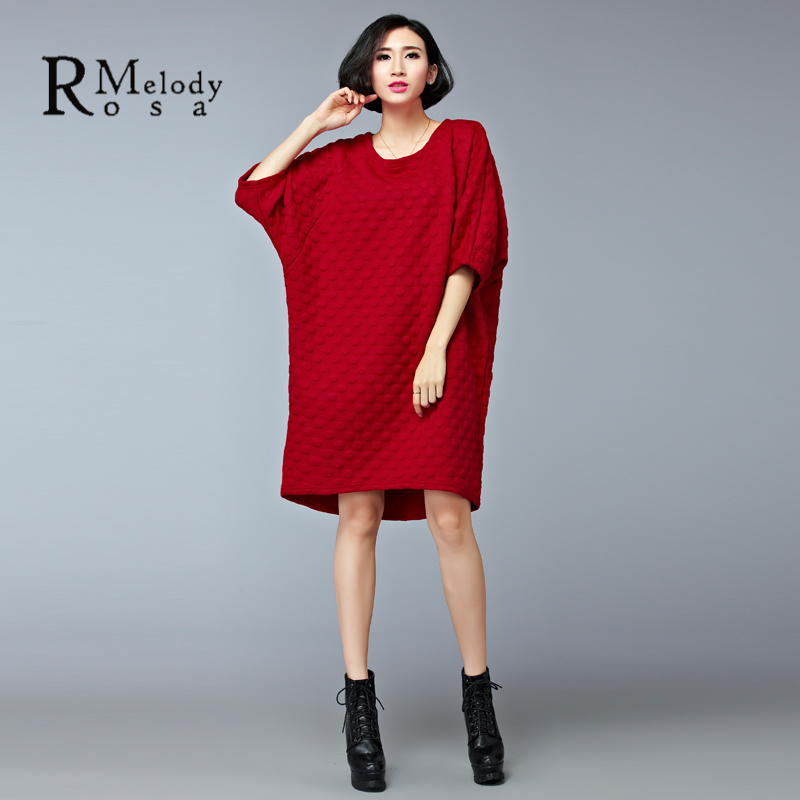 Femmes de Style Européen Robe Automne Pur Couleur Demi Manches O Cou Noir Rouge Robe pour