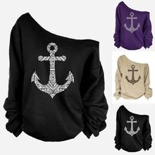 Women Anchor Off Shoulder Sweatshirt Jumper Casual Fashion Lady Girls Leisure Stylish Comfortable Pullover