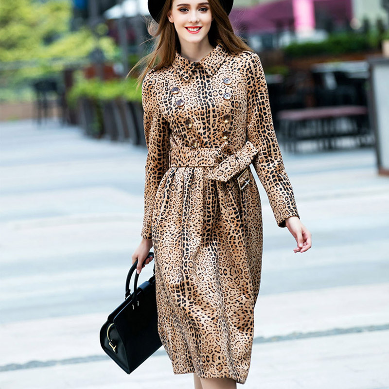 Blouse Dress 2016 New Spring Fashion Women Long Sleeve Mid-Calf Double Breasted Belt High Quality Novelty Leopard Dress