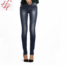 HG#X13 2015 autumn style mid waist skinny jeans female deep blue denim pants women sexy pencil pants high quality