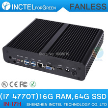 Fanless Mini ITX PC Terminal i7 with Intel Quad Core i7 4770T 2.5Ghz CPU HDMI VGA DP Three display 16G RAM 64G SSD Windows Linux