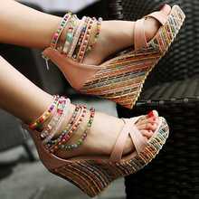 2015 fashion new Bohemia beaded sandals female wedge platform shoes gladiator ankle strap elegant women high heel sandals