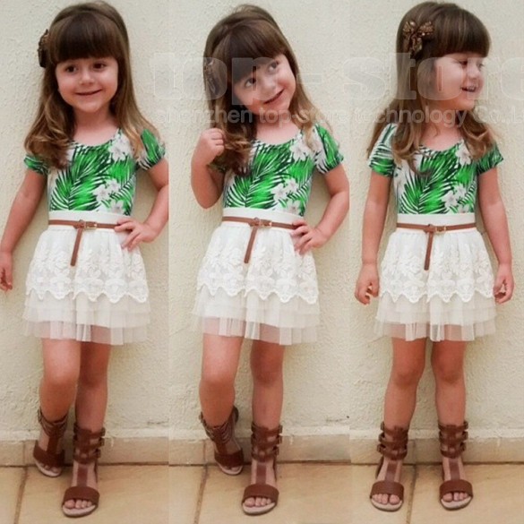 New Kids Girl Wear Casual Two Pieces T Shirt Tops and Lace Skirt Set