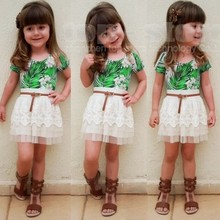 New Kids Girl Wear Casual Two Pieces T Shirt Tops and Lace Skirt Set