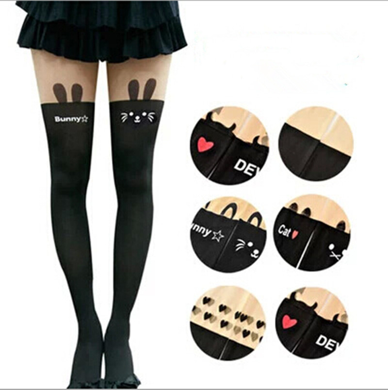 2015 New Fashion Black Eiffel Tower Cat Tail Patchwork Totoro Velvet Tattoo Women Tights Pantyhose Sexy