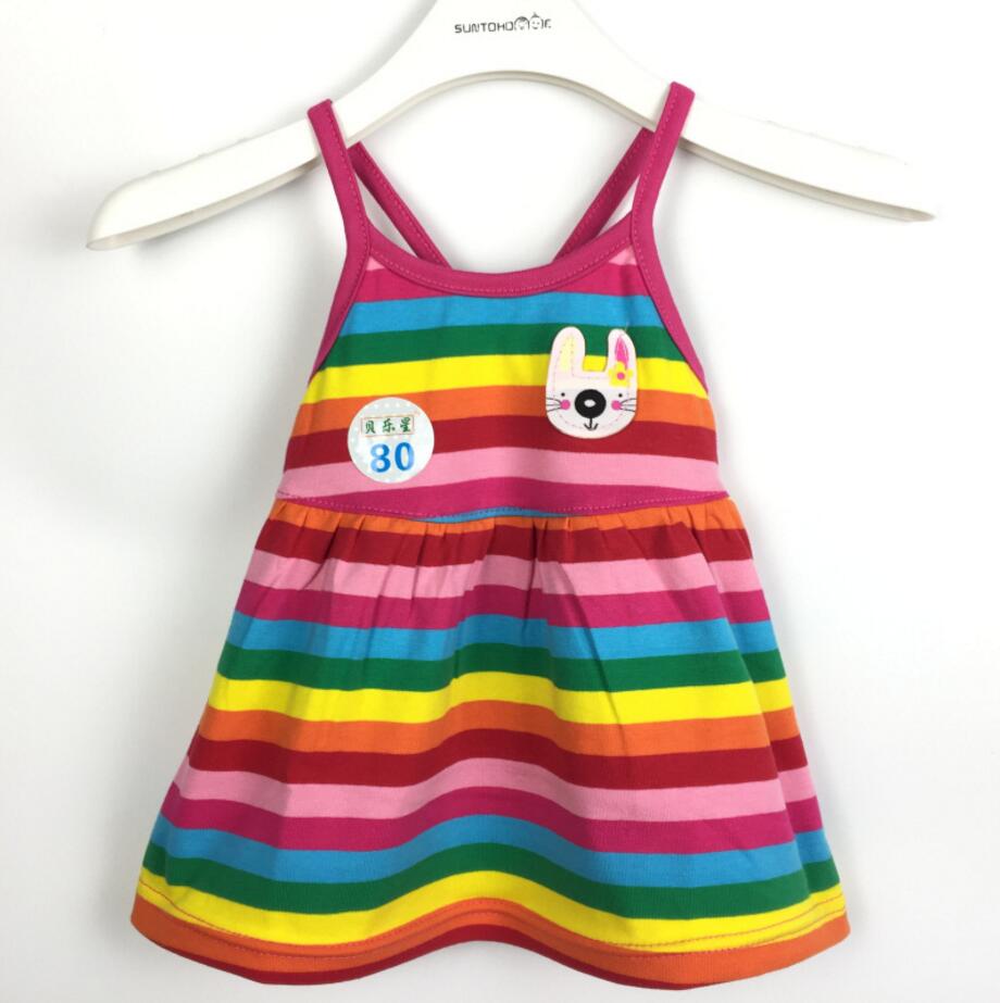 Kids Girl Dress Children Rainbow Striped Cotton Dresses Cross Halter Dress Grils Baby Clothes