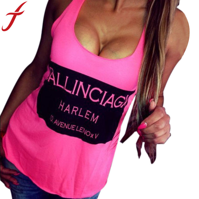 Feitong 2015 Women Tank Solid Color Sleeveless Letter Print Sexy backless top Casual t shirt Women