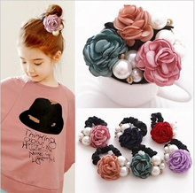 2016 Fashion Brand New Elastic Hair Bands Big Pearl Flower Headband Solid Accessories Plastic Bow Ring Fast Bun For Women Girls