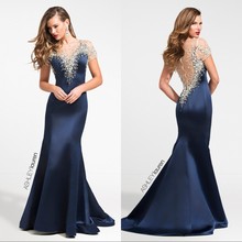 2016 Long Evening Dresses Sheer Neck Beaded Crystals Royal Blue/Gray/Ivory Formal Long Prom Dresses Sexy Mermaid Short Sleeves