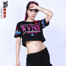 New fashion Jazz harem women top loose ultra-short t-shirt neon doodle hip hop dance costume t-shirt