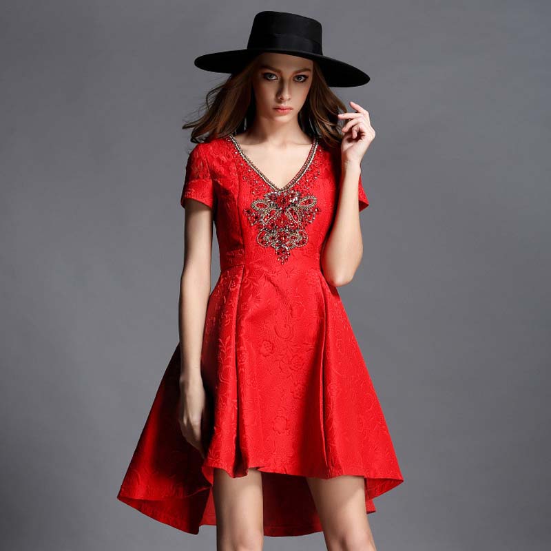 2015 Autumn Brand Designer Runway Dress Women Elegant Short Sleeve V Neck Luxury Beading High Low Jacquard Dress Cute Red Dress