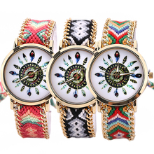 Mujeres de analógico de cuarzo de oro cadena de punto trenzado pulsera étnica reloj de pulsera