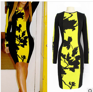 Hot-2014-Summer-Women-Printing-Dress-Black-and-Yellow-Bodycon-Women ...