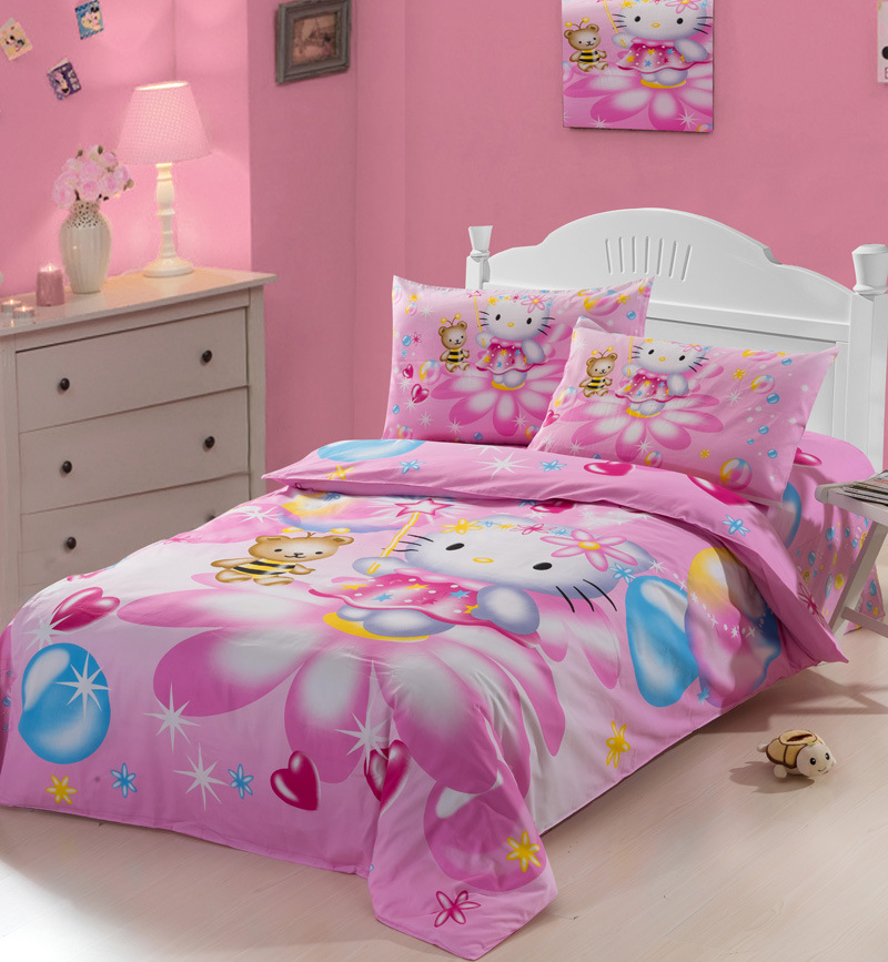 100 Cotton Bedding Set Cartoon Pink Kitty Princess 3pc Quilt