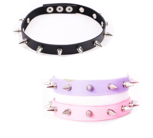 Punk Rock Spike Leather Necklace Fashion Jewelry Silver Spike Black Real Leather Choker Collar Necklace factory