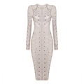 Women Dress Autumn Winter Long Sleeve Studded Olive Mesh High Neck Black Bodycon Knee Length Celebrity