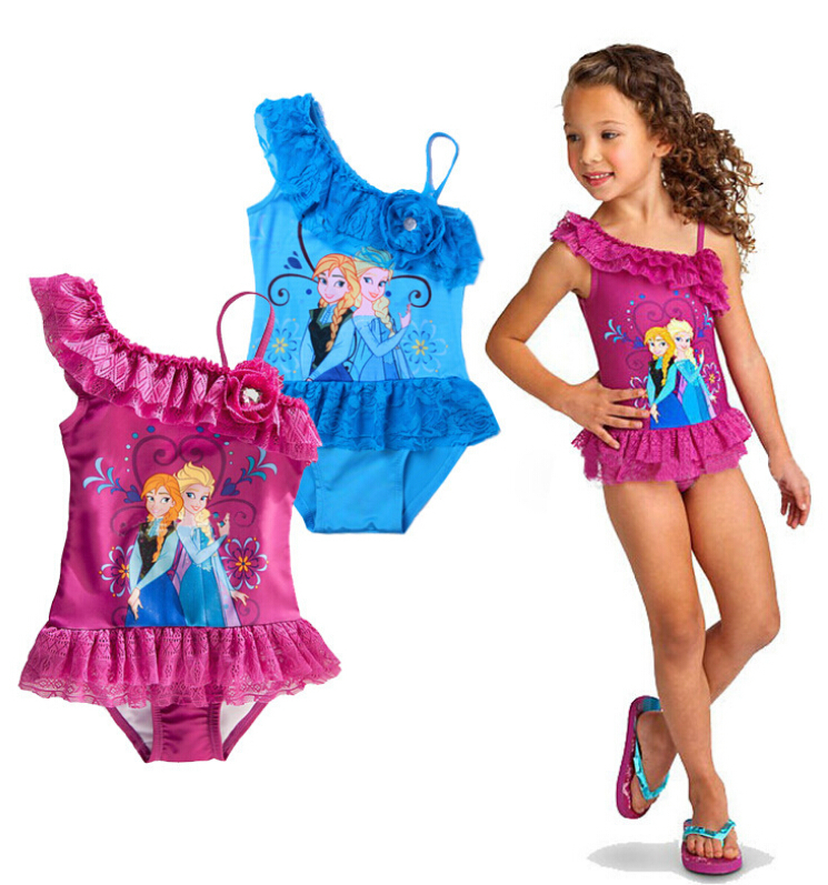 2015 lovely cartoon printing lace ice girls swim dress red blue color baby swim dress beach waterproof children swiming dress