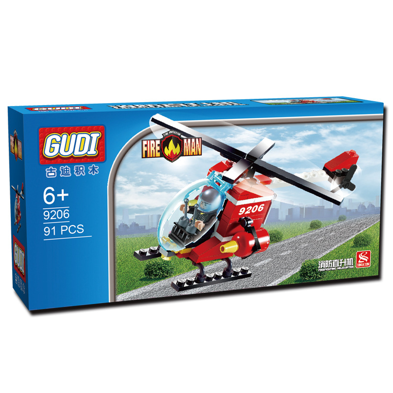 GUDI Fire Helicopter Children Educational Assembled Toys Building Blocks Brick