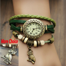 New Fashion Cow Leather watches with wooden bead , Retro little Owl dress Analog watch for women,Free shipping