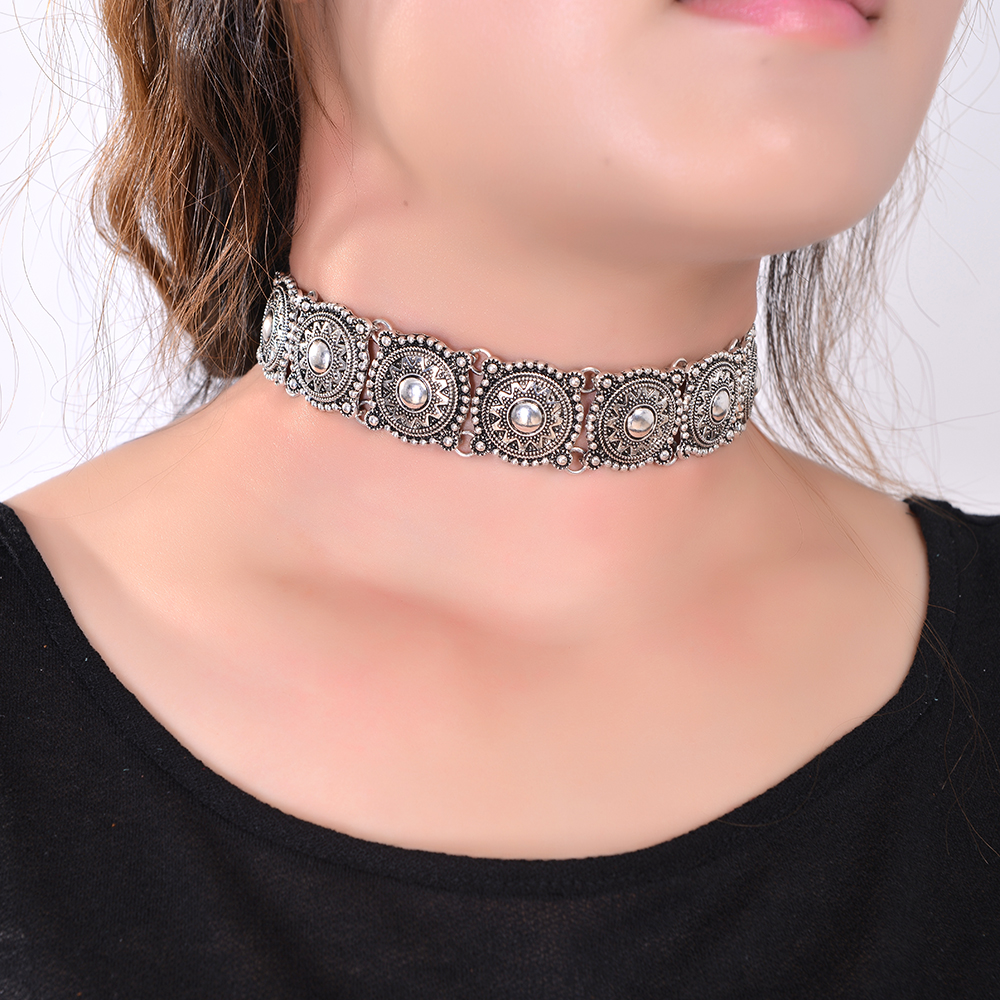 Hot Boho Collar Choker Silver Necklace statement jewelry for womenFashion Vintage Ethnic style Bohemia Turquoise Beads