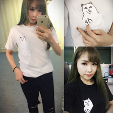 Women Summer T-shirts 2016 new Hong Kong fashion pocket Harajuku wild cat lovers big yards women wear short-sleeved T-shirt