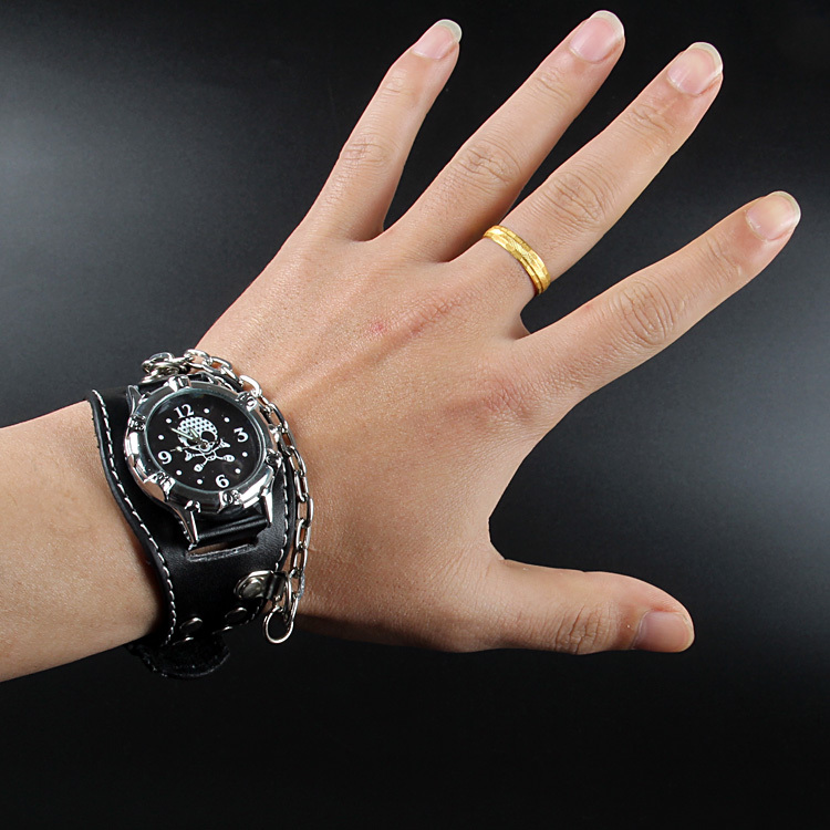 Rock Punk Cool Men Black Fashion Casual Wristwatch Skull Genuine Leather Wrist Watches